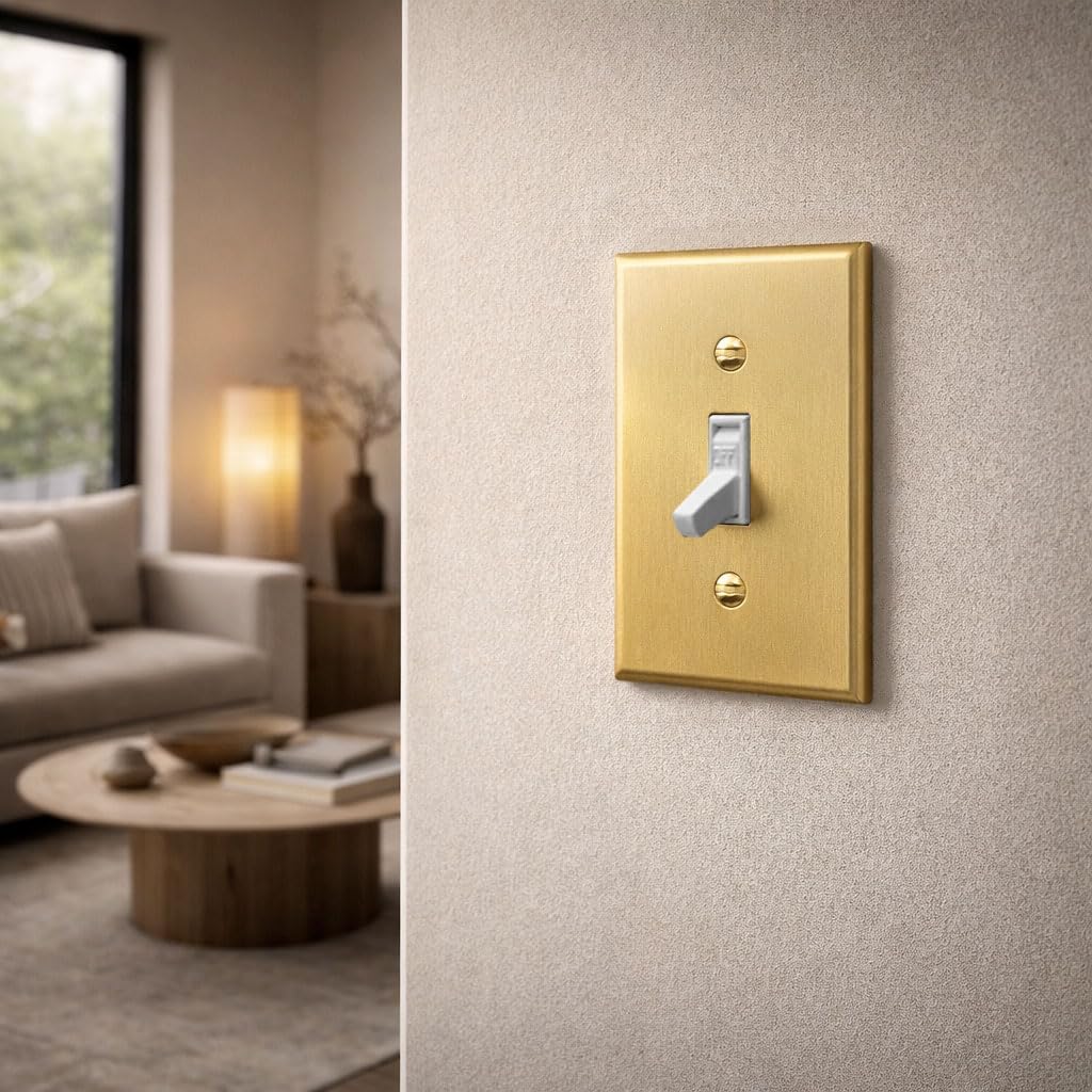 Rio Salto BRASS Signature Collection Brushed Brass Gold Metal Outlet Cover, Decorative Light Switch Cover Plate Wall Plate, Premium, Toggle Flip Switch 1-Gang, 2.75" X 4.50" Standard Size
