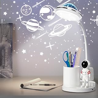 WLHBF LED Desk Lamp, Astronaut Table Lamp with Pen Holder & Projection,Adjustable LED Table Lamp Dimmable Rechargeable Desk Lamps Eye-Caring Lamps for Girls Boys College Dorm Bedroom Reading (White)