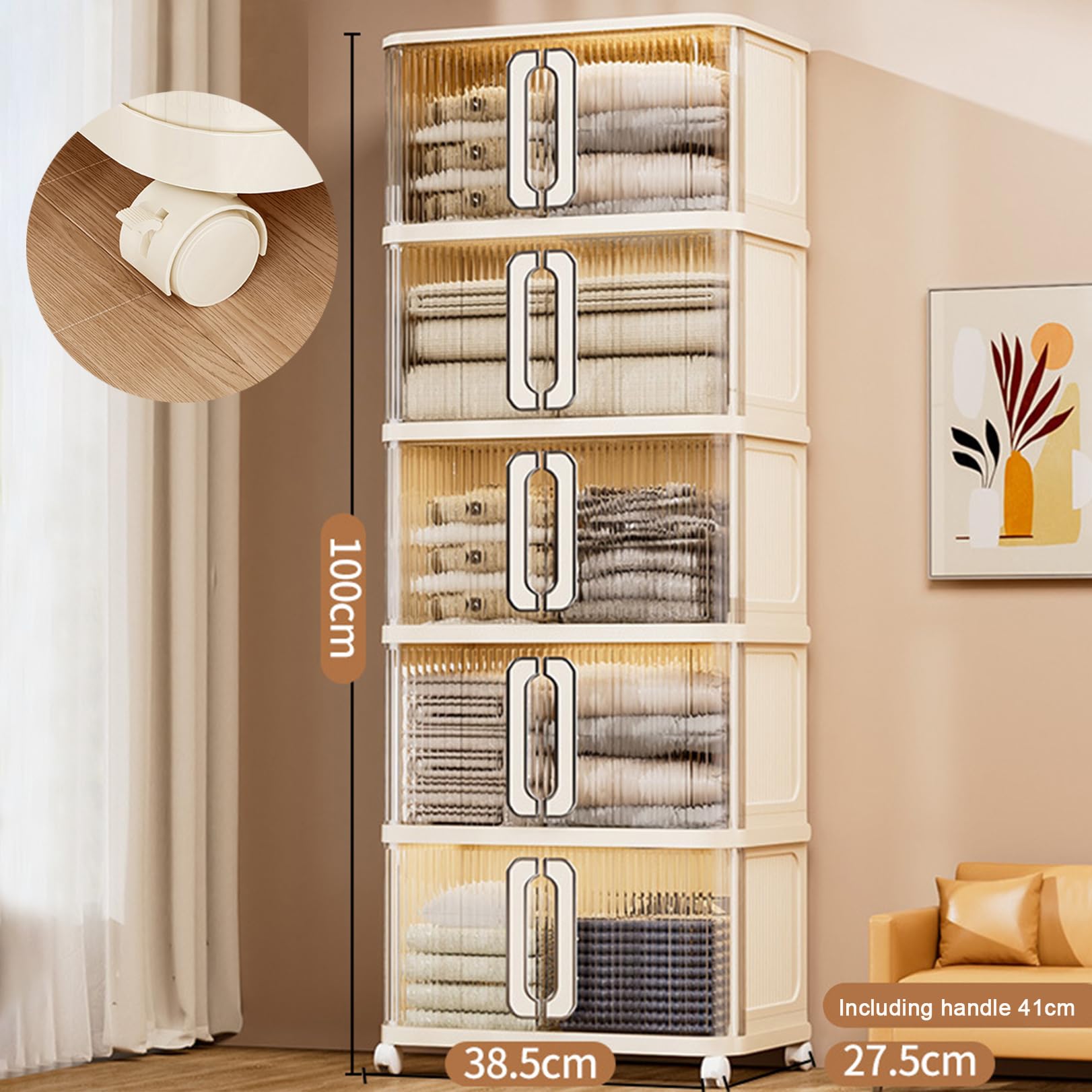 Scatole portaoggetti con coperchio, contenitori impilabili in plastica a 5 ripiani con ruote, organizer pieghevole per camera da letto, armadio, ufficio, bagno, design pieghevole