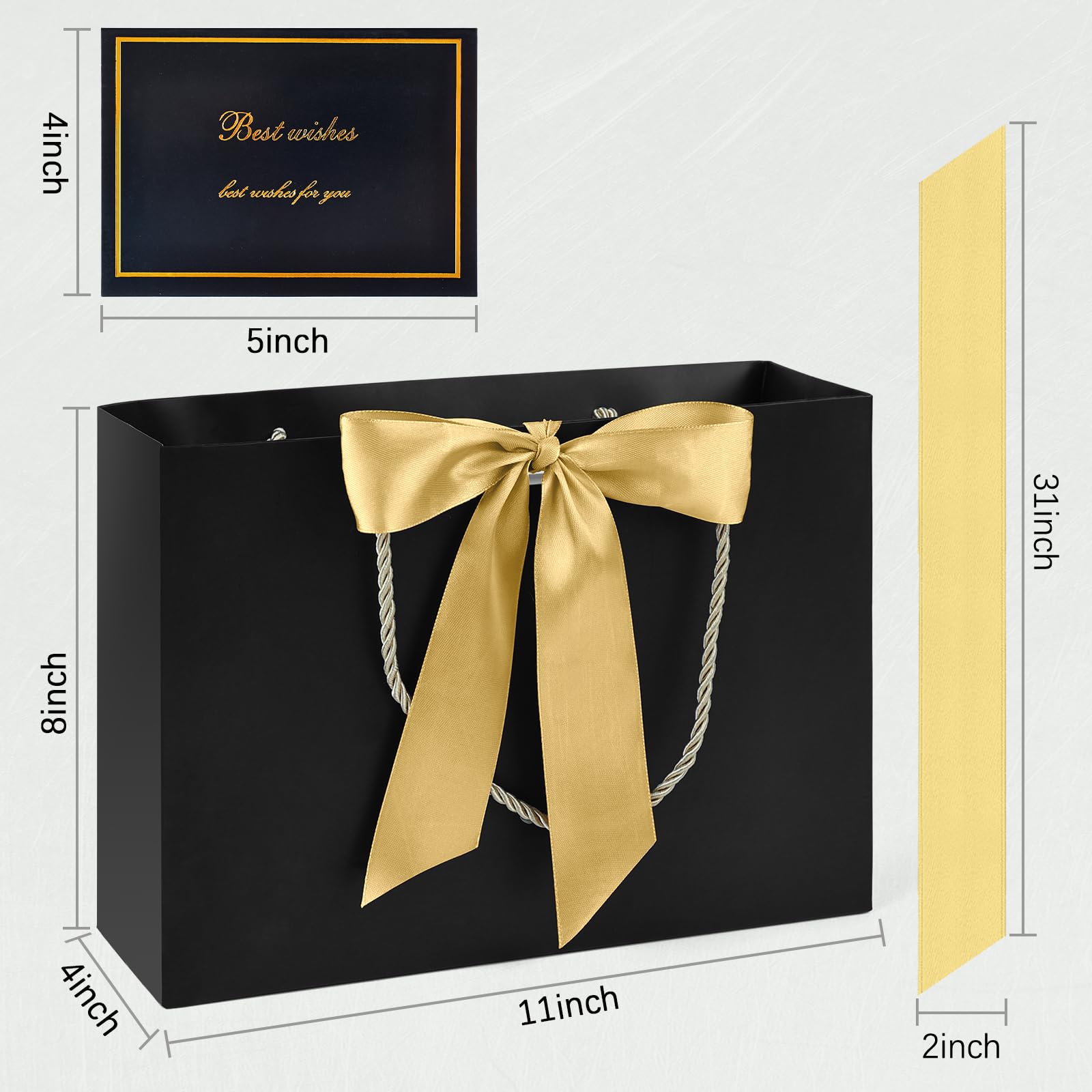 ZHIAXTON Sacchetti Regalo Neri Grandi Con Manici – 35x13x25 Cm, Set Con Carta Velina, Biglietto E Fiocco, Per Matrimoni E Compleanni