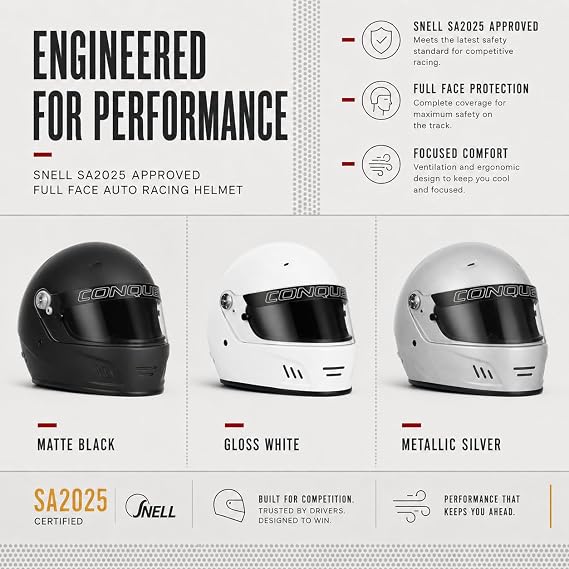 Conquer Snell SA2025 Approved Full Face Auto Racing Race Car Helmet - Adult | Men | Women | Youth - ( Black / White / Silver )