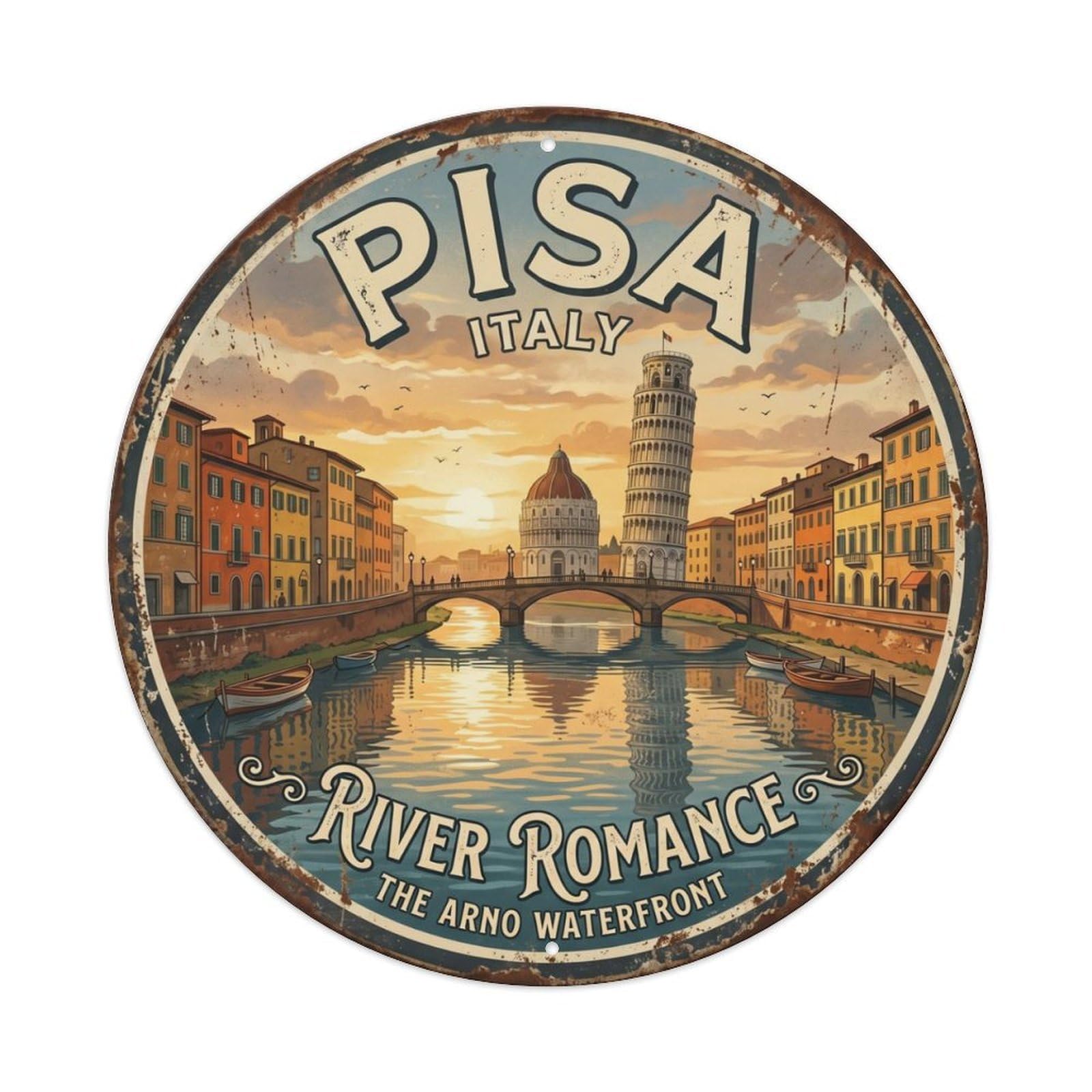 Vintage Travel Pisa Arno Riverside Metal Tin Sign Plaque Wall Decor for Cafe, Club Bar, Office, Home Garden Round Metal Poster 8x8Inch