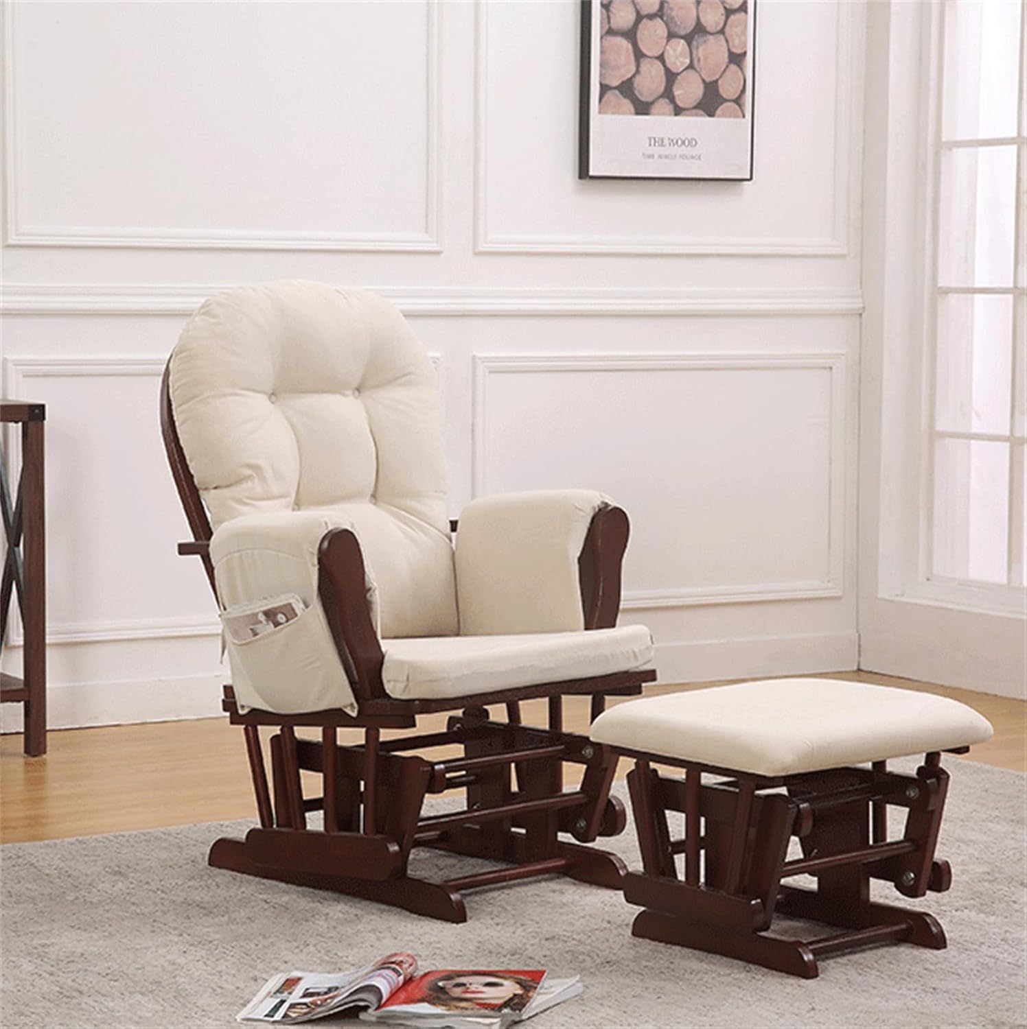 5Pcs Glider Rocker Cushions Set - Velvet Glider Rocker Replacement Cushions with Side Storage Pockets, Washable & Non Slip (Beige)