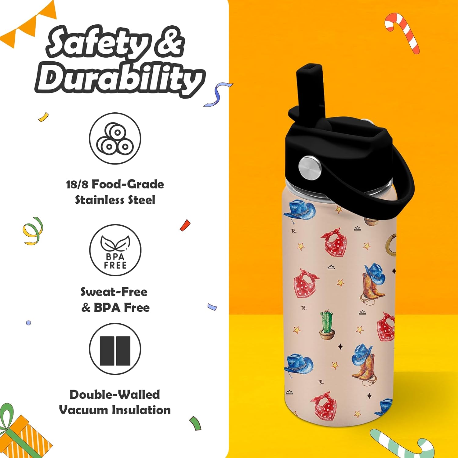 Western Gifts for Kids - 16oz Western Water Bottle with Straw Lid - Cowboy & Cowgirl Stainless Steel Kids Insulated Cup for School, Sports, Travel Tumbler for Girls, Boys - Image 4