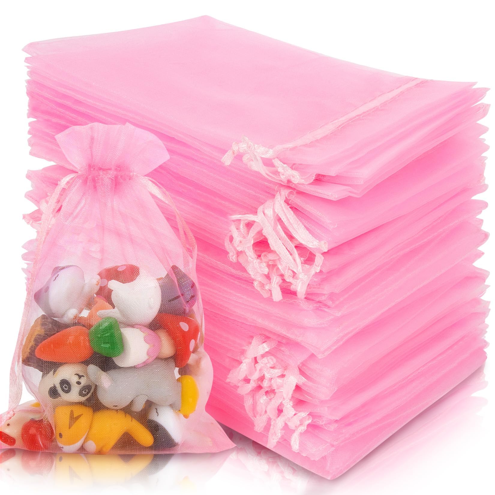 Sukh Pink Organza Bags 4"x6" - 100PCS Small Mesh Drawstring Gift Bags