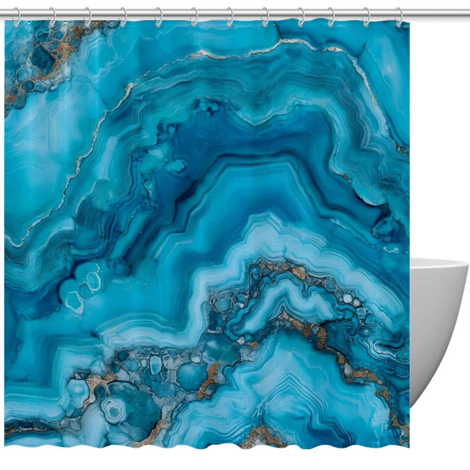 Anna Cowper Turquoise Blue Agate Shower Curtain, Waterproof Fabric Shower Curtains for Bathroom, Polyester Bath Curtain with 12 Hooks, 72 W x 72 H
