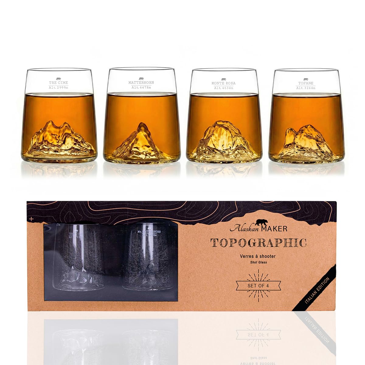 Alaskan MAKER Cofanetto da 4 bicchierini shot da 6,5 cl in vetro cristallino di alta qualità, soffiati artigianalmente, con montagne in rilievo | Forma a tulipano | TOPOGRAPHIC