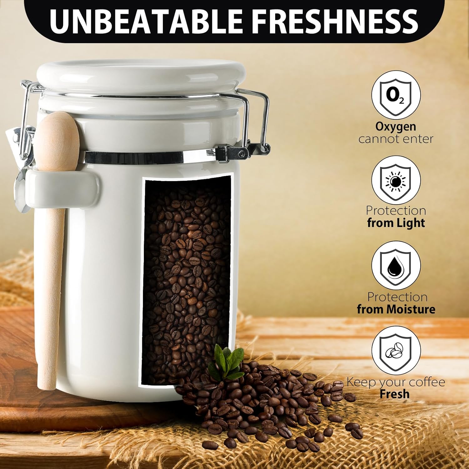 4-Piece Airtight Ceramic Canisters Set with Wooden Spoons & Chalk Labels – Perfect for Coffee, Sugar, Flour, Tea (White) – Stylish & Leakproof Kitchen Storage