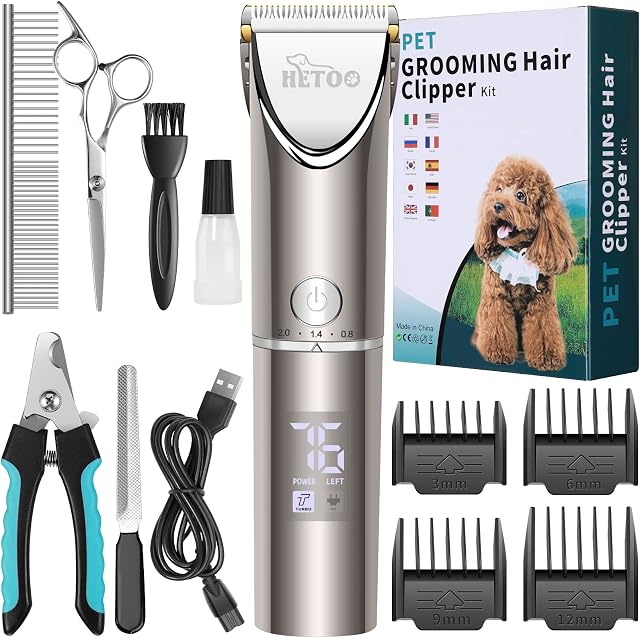 Dog Clippers, HETOO Professional Dog Grooming Clipper Kit for Dogs Cats Pets, Low Noise High Power Rechargeable Cordless Pet Hair Clipper Shaver Trimmers Set for Thick to Heavy Coats