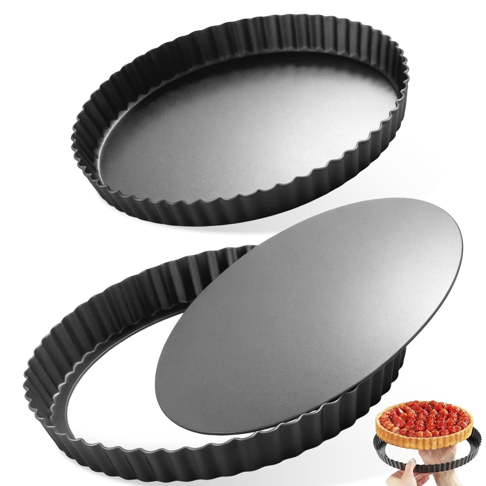 2Pcs Teglia Crostata Fondo Removibile, Stampo Crostata Morbida Ondulato Tonda Acciaio Carbonio 22cm & 28cm, Teglie Tortiera Torta Bordo Scanalato Antiaderente Cassaforte Amovibile per Torte Frutta