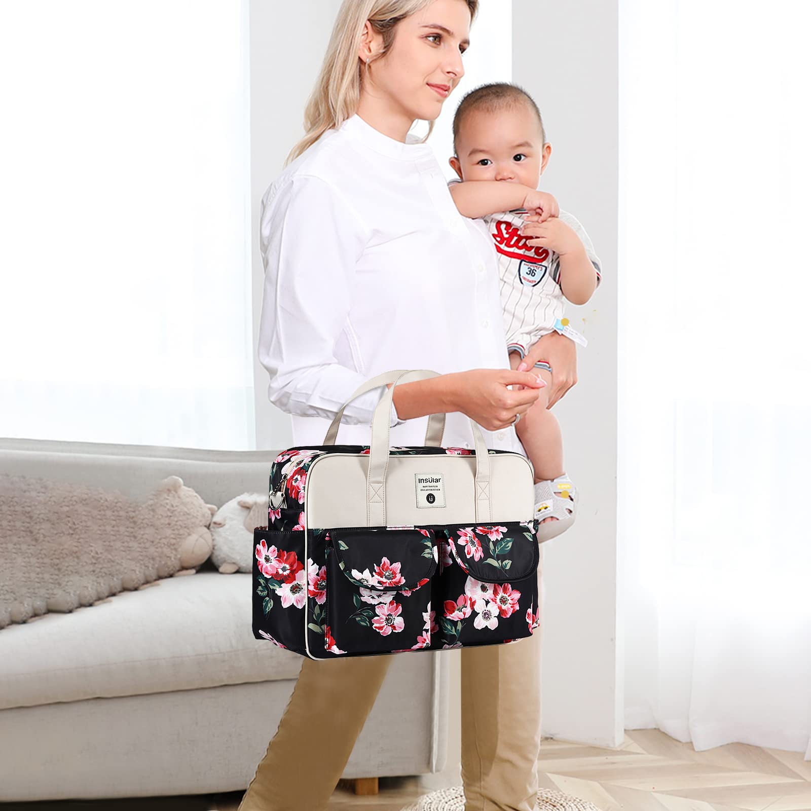 SONARIN Large Capacity Baby Nappy Changing Tote Bag,Multi-Function Waterproof Baby Changing Bag Satchel Messenger Bag Travel Diaper Bag with Shoulder Strap & Changing Mat(Watercolor Rose) - Image 2