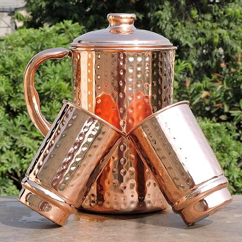 Miniatura 8 de HealthGoodsIn - Jarra de agua martillada de cobre puro con 2 vasos de cobre martillado  Jarra de cobre y vasos para beneficios de salud Ayurveda