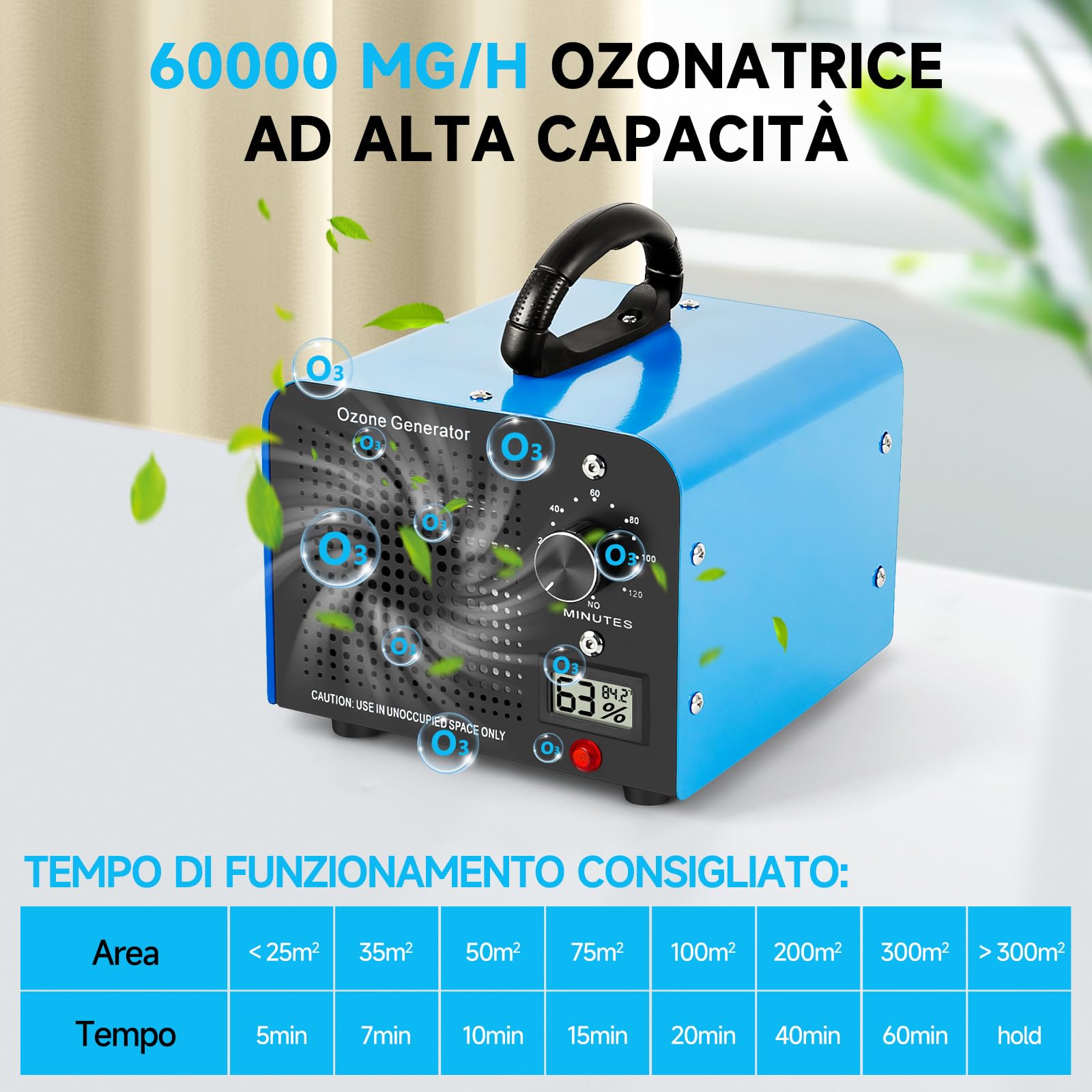 Generatore di Ozono 60000mg/h, Purificatore d'Aria Ozono con Display della Temperatura e Dell'umidità e Timer da 120 minuti, Ozonizzatore per Auto, Casa, Fumo, Odori di Animali Domestici e Cucina