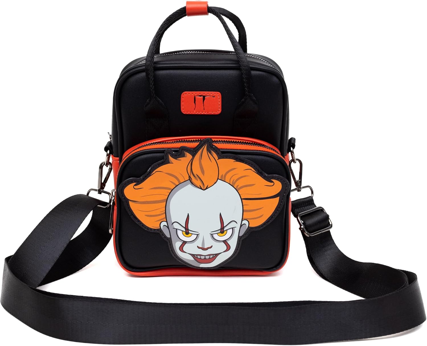 Horror Movies Vegan Leather Crossbody Backpack for Men and Women with Adjustable Strap, It Pennywise Smiling Face Applique - Image 4