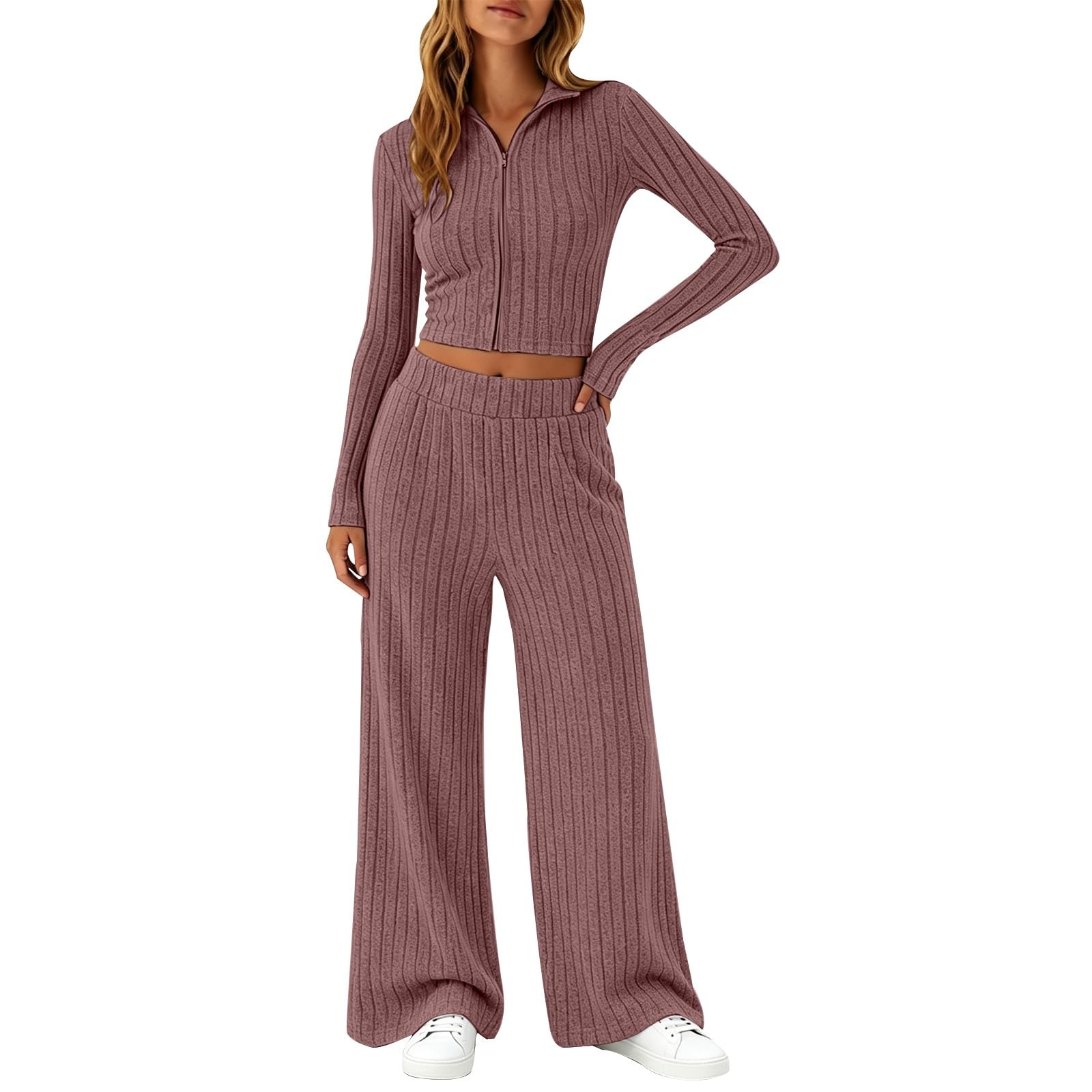 Set da donna in due pezzi, elegante, tuta sportiva da donna, 2 pezzi | felpa corta con cappuccio a costine e chiusura lampo, slim fit, tuta da jogging, pantaloni per il tempo libero, tuta sportiva