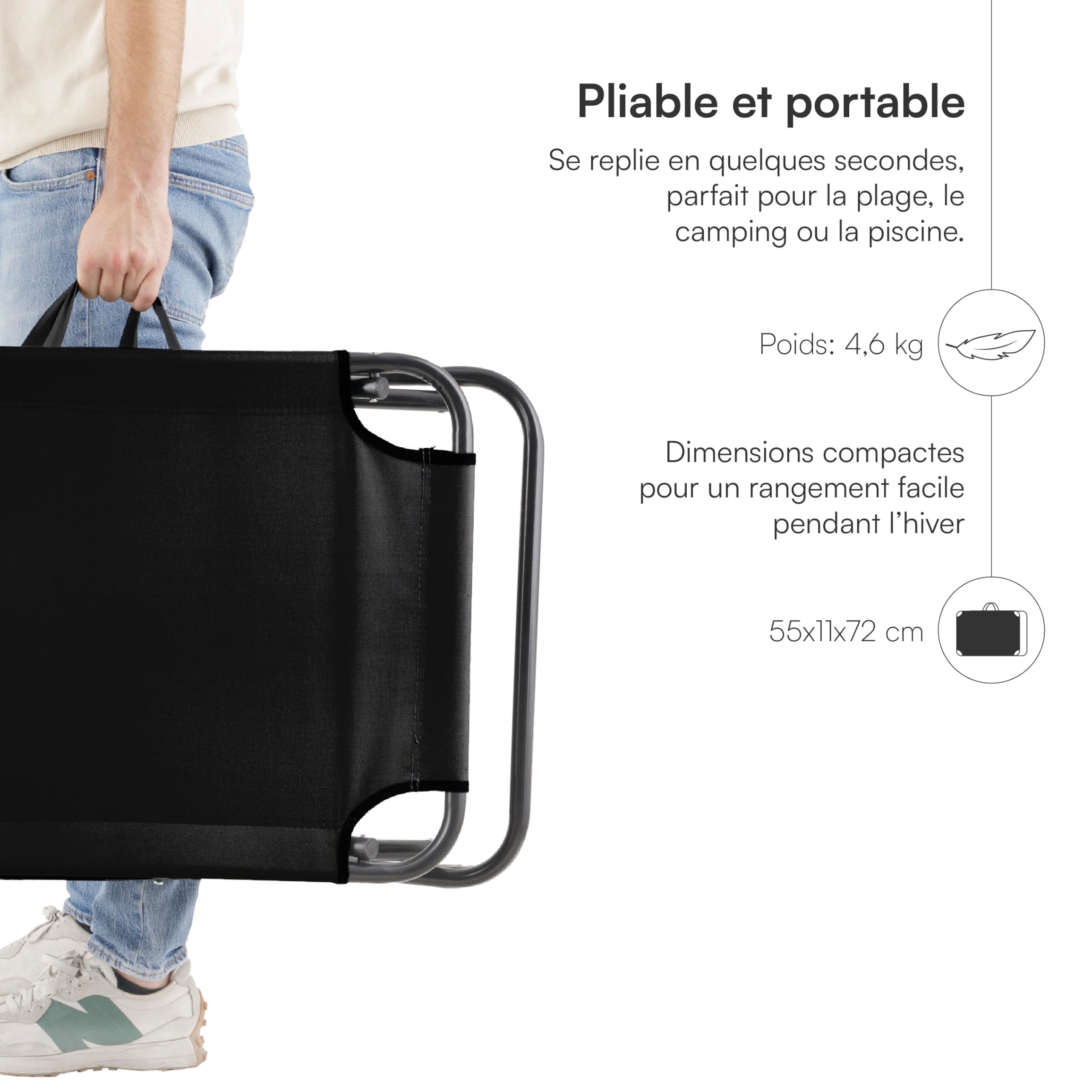 Baroni Home Chaise longue pliable et inclinable avec pare-soleil réglable à 360° et coussin amovible, chaise longue en métal avec tissu hydrofuge, charge maximale 110 kg, 186 x 55 x 24 cm, noir