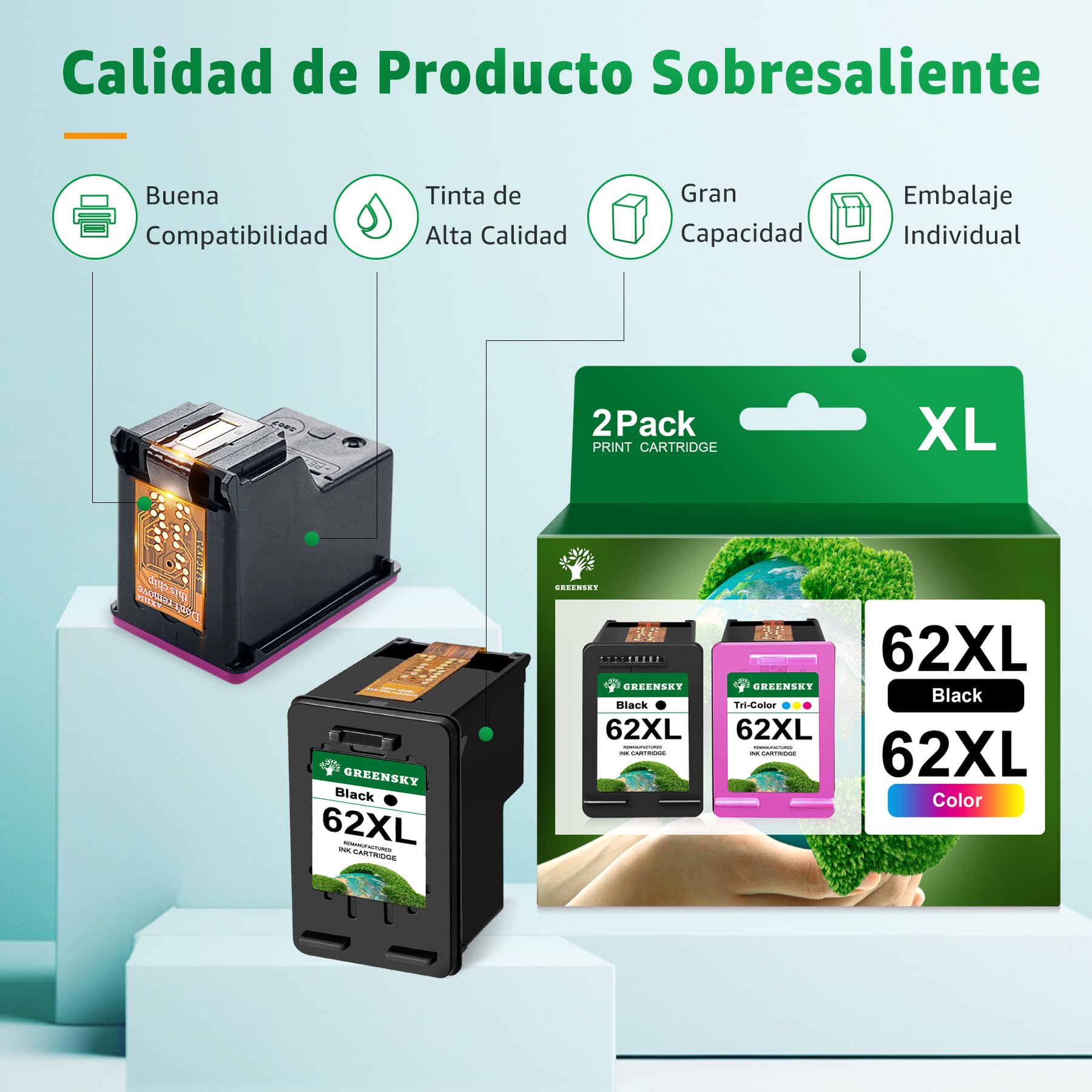 GREENSKY 62XL Cartuchos de Tinta remanufacturados Negro y Color para HP 62 | Multipack para HP Envy 5646 5640 5540 5544 Officejet 5740 5744 200 250