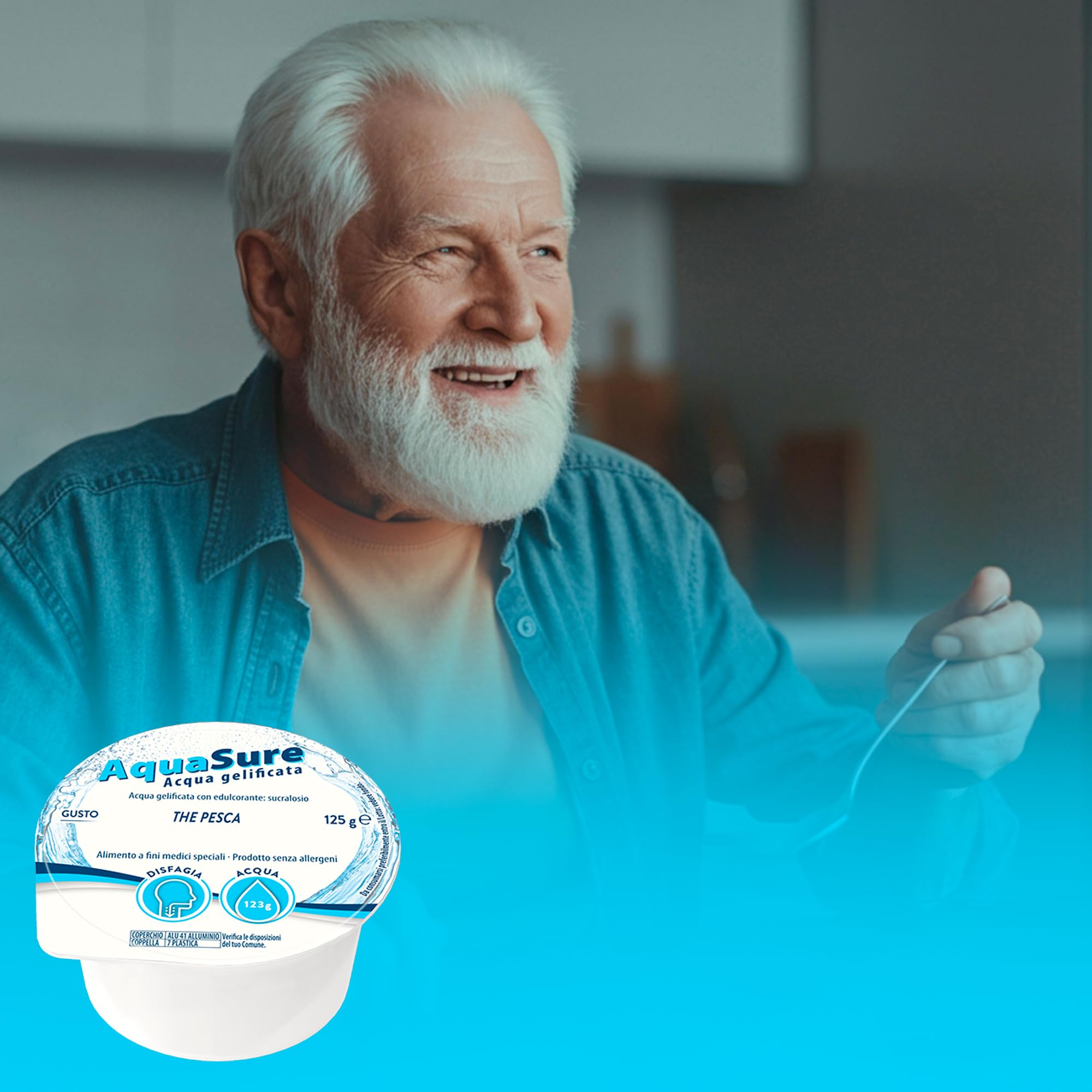 Abbott Nutrition | AquaSure 24 Confezioni x125 g | Acqua Gelificata per il trattamento dietetico di soggetti affetti da disfagia e problemi della deglutizione | gusto Pesca