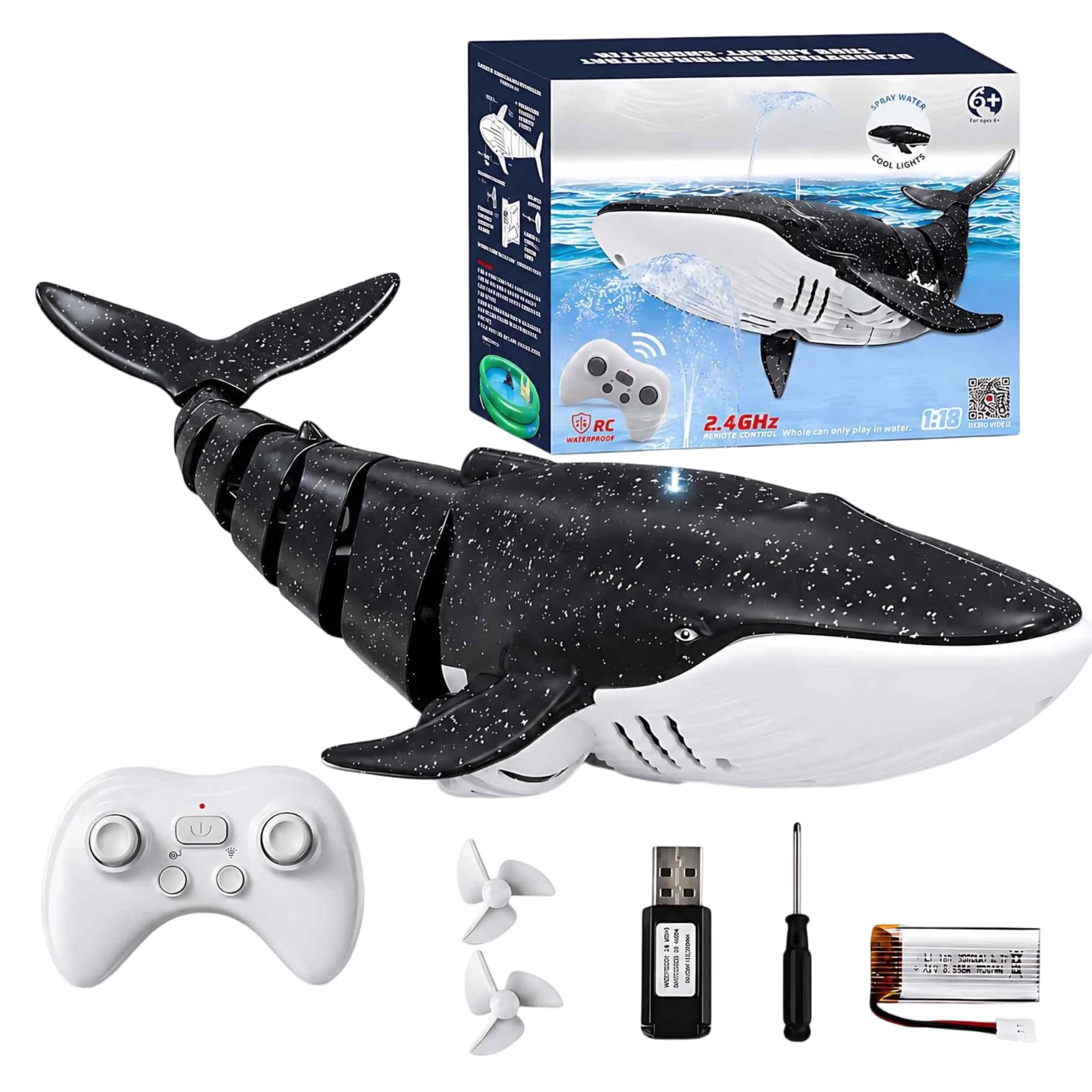 2.4Ghz Remote Control Whale Shark Toys for Boys Kids, 1:18 Scale High Simulation Whale Shark for Pool, Electric RC Shark Fish Toys with Light & Spray Water Function for Kids (Gray)