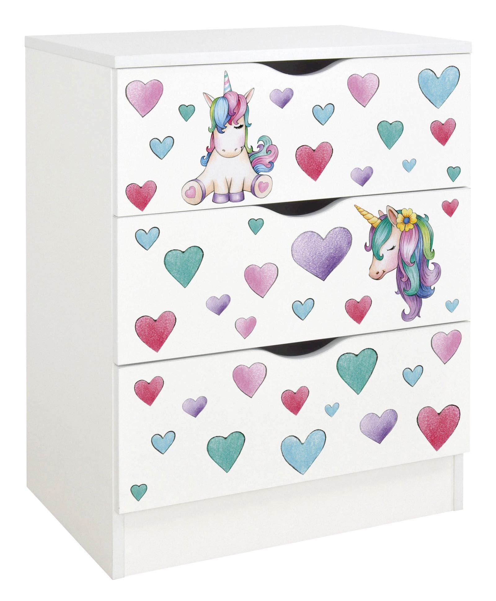 leomark Cajonera de Madera - Roma - Blanca Mesita con cajones, Armario de Dormitorio, Estilo escandinavo, a la habitación de los niños, Dim: 60 x 42 x 78 (H) cm (Unicornio)