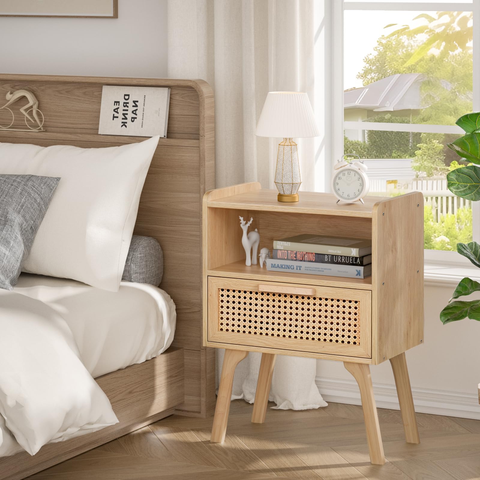 LELELINKY Lot de 2 Tables de Chevet en rotin bohème - Petite Table d'appoint en Bois avec tiroir et étagère Ouverte - Table de Chevet avec Pieds en Bois Massif - pour Salon, Table Basse, Chambre à