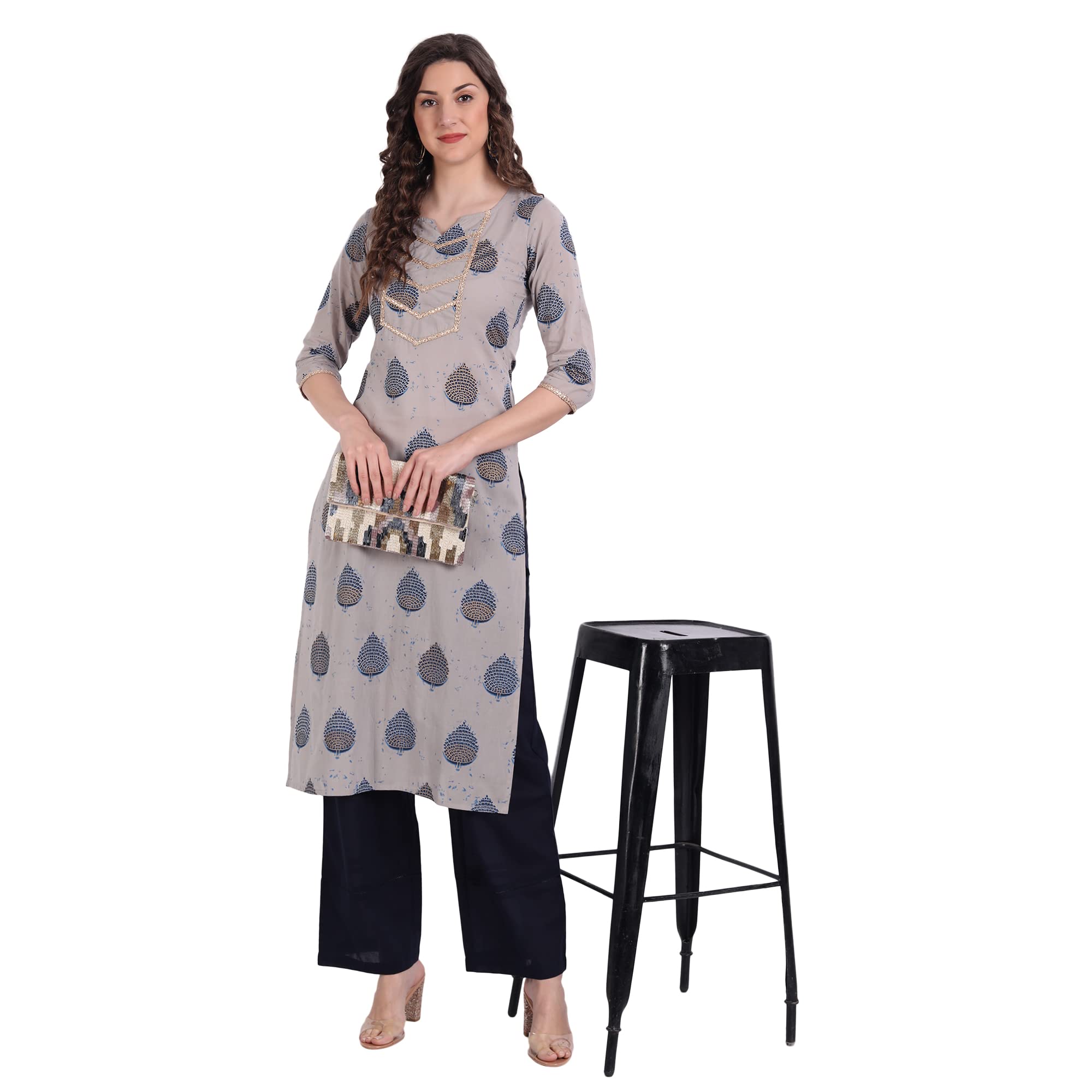 githaanCotton Casual Grey & Navy Blue Block Print Kurta with Palazzo for Girls and Women in 46 Inch Length