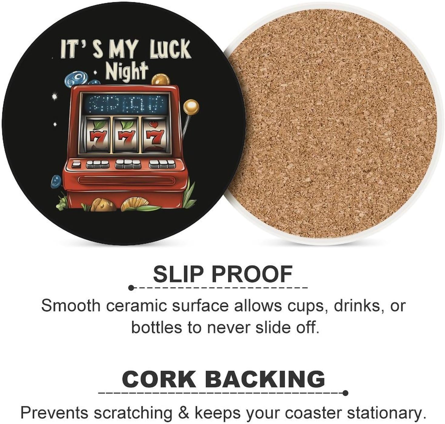 It's My Luck Night Casino Round Ceramic Coasters Print Drinks Absorbent with Cork Base for Home Decor Gifts 4 Inch