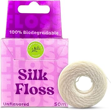 Vegan Silk Dental Floss - Biodegradable Plastic Free Bamboo String | Zero Waste Eco-Friendly Oral Care | Natural Compostable for Adults & Kids Tight Teeth | Soft Easy Glide - Unflavored 55yds