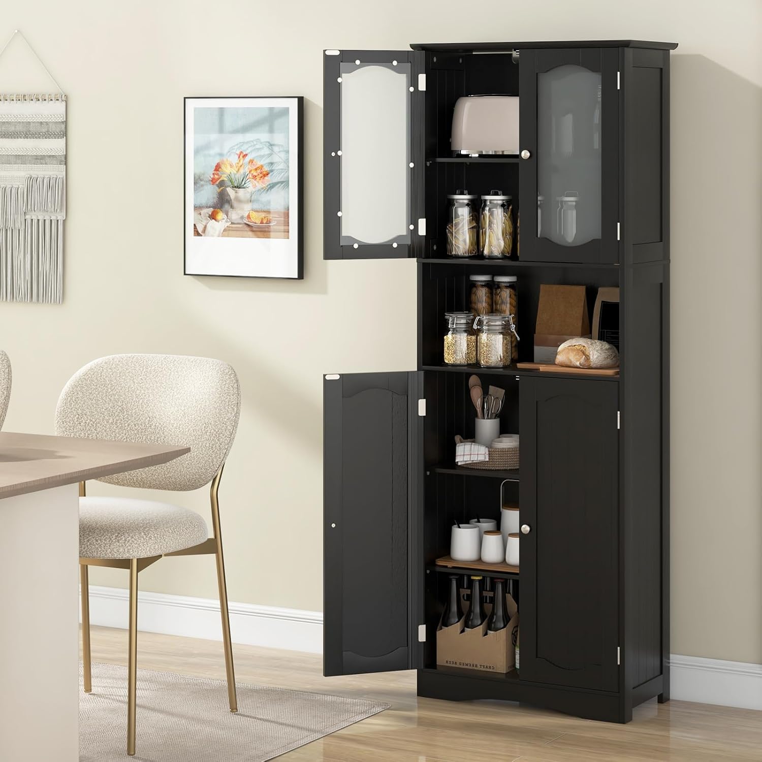 Tangkula 64.5" Tall Bathroom Storage Cabinet, Freestanding Floor Cabinet with Frost Glass Doors and Shelves, Kitchen Pantry for Living Room, Dining Room, Office (Black, 64.5" H)