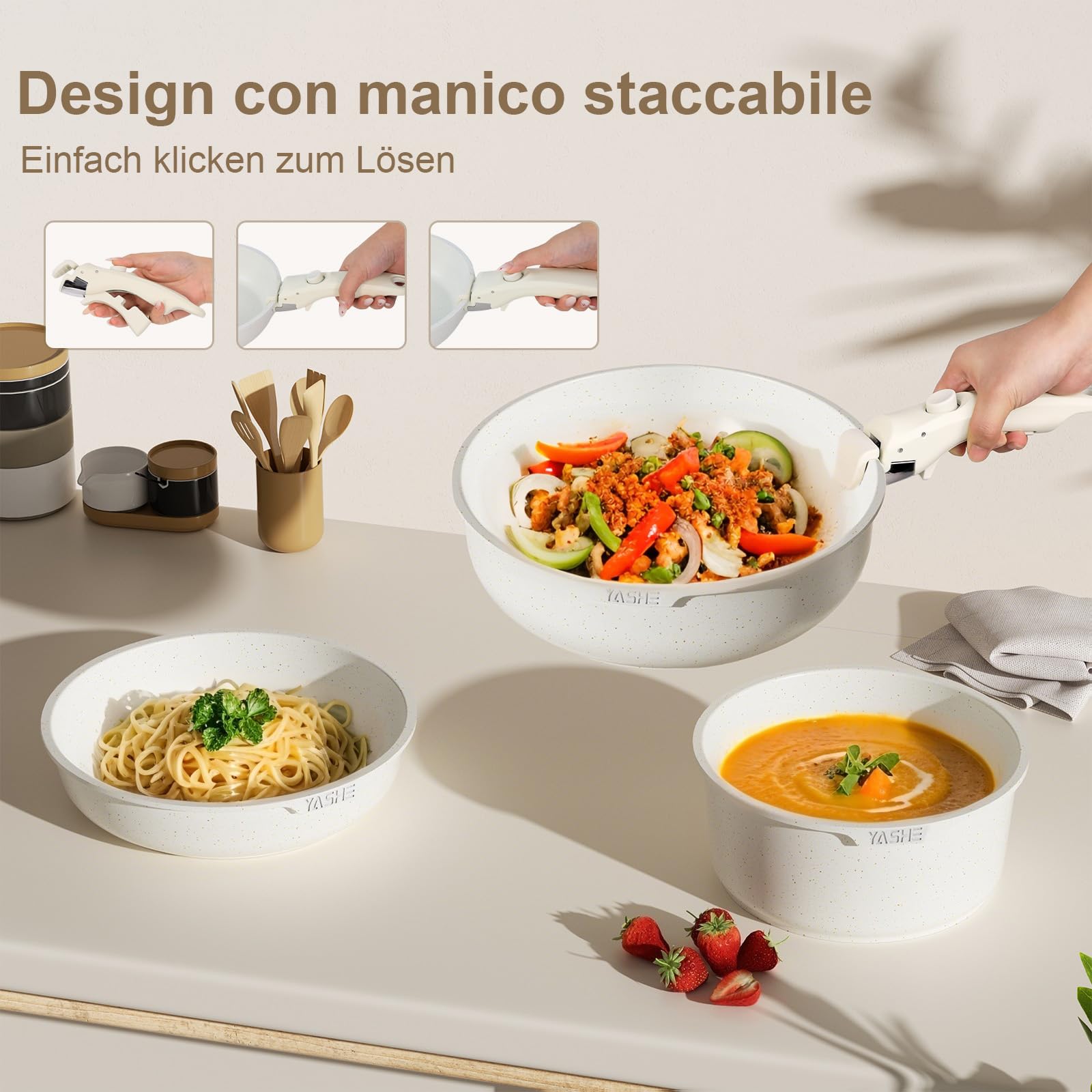 YASHE Set da 13 pentole e padelle antiaderenti, set di pentole a induzione, set di pentole da cucina con manico staccabile, lavabile in lavastoviglie e forno, bianco crema