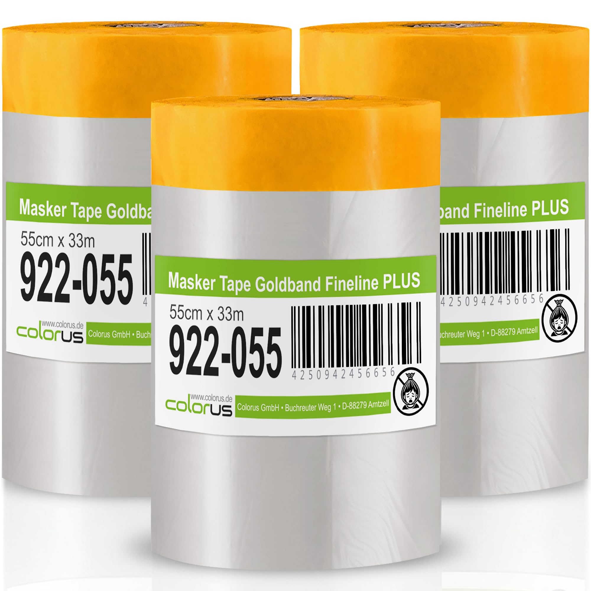 Colorus Abdeckfolie mit Klebeband – 3er Set 55 cm x 33 m – Goldband Masker Tape – Maler Abdeckfolie mit statischer HDPE-Folie – selbstklebendes Malerband für Türen & Möbel