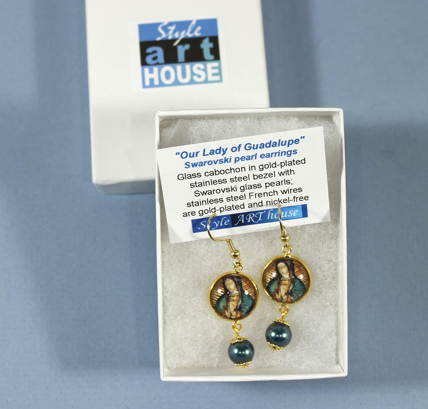 'Our Lady of Guadalupe', Cabochon Dangle Earrings with Preciosa Glass Pearl