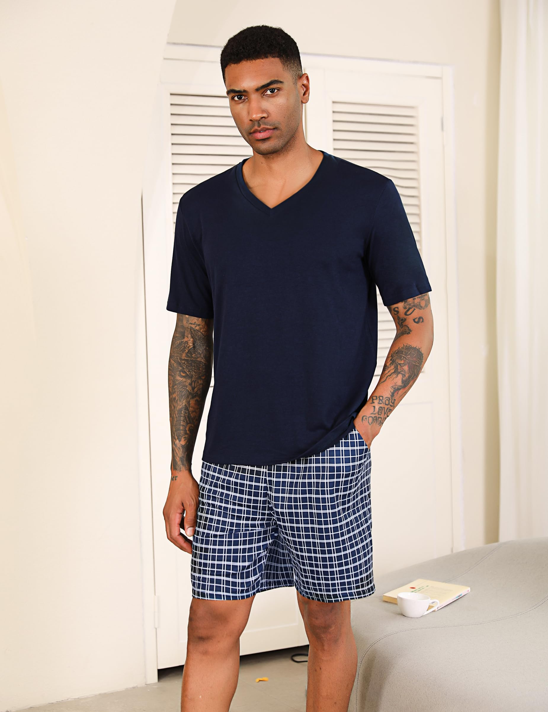 Bresdk Schlafanzug Herren Pyjama Set Kurz Baumwolle Sommer Nachtwäsche Set Männer S-4XL