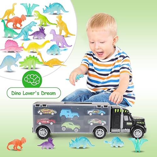 Miniatura 3 de Qirptey Camión de transporte de dinosaurios con 16 figuras de dinosaurios brillantes y 6 autos, camiones de juguete para niños de 3 a 7 años, estilo