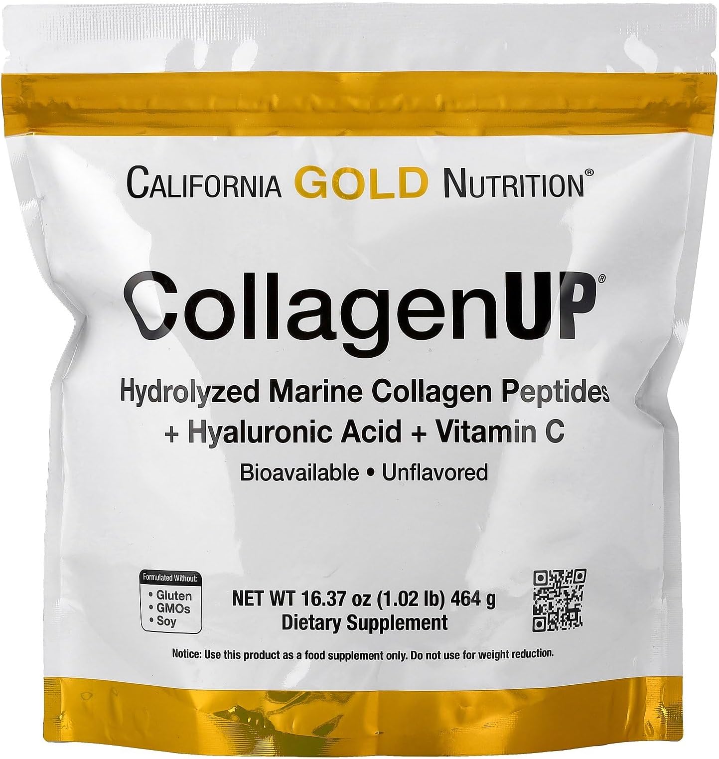 California Gold Nutrition, CollagenUP®, Hydrolyzed Marine Collagen Peptides with Hyaluronic Acid and Vitamin C, Unflavored, 1.02 lb (464 g)