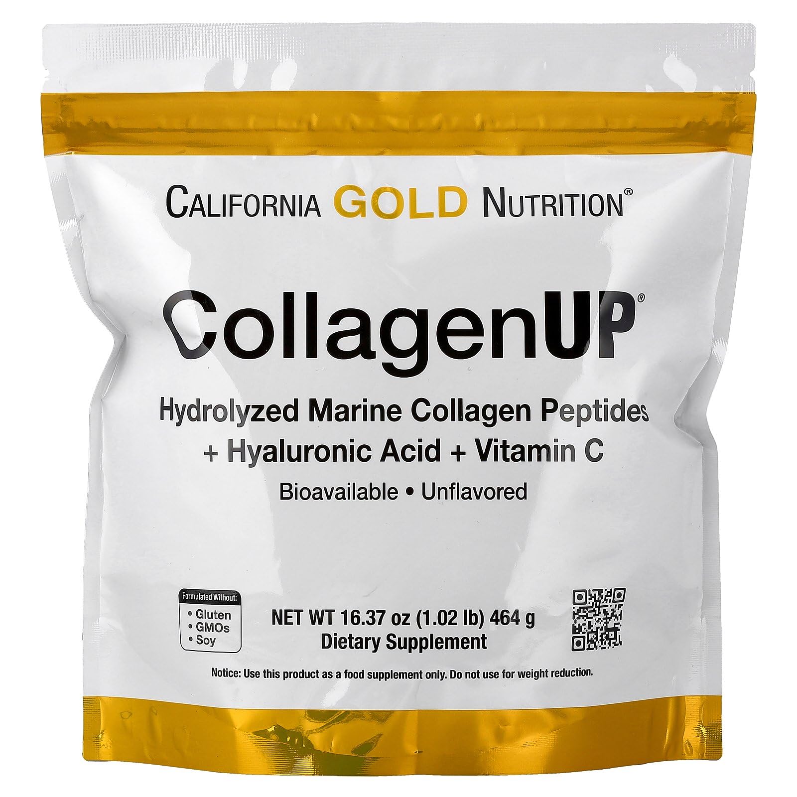 California Gold Nutrition, CollagenUP®, Hydrolyzed Marine Collagen Peptides with Hyaluronic Acid and Vitamin C, Unflavored, 1.02 lb (464 g)