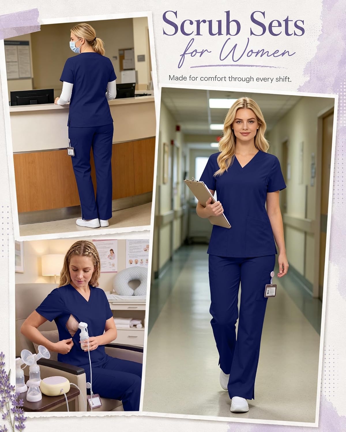 Women's Maternity Scrub Set Short Sleeve Scrub Top and Pant Pregnant Breastfeeding Nurse Suit with Multi Pockets