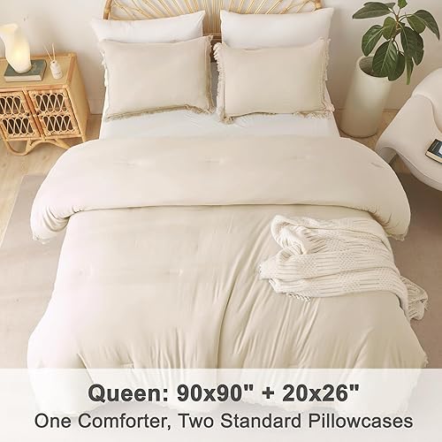 Miniatura 7 de Litanika Juego de edredón beige Queen de 3 piezas, edredón ligero con borlas bohemias crema, para todas las estaciones, juego de edredón de color