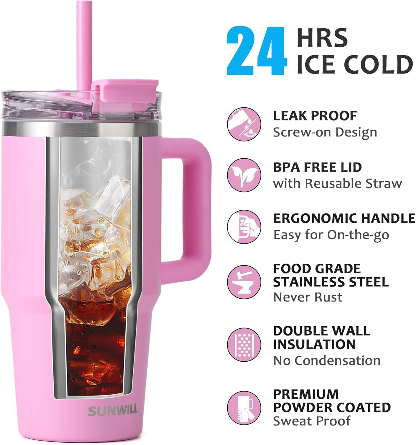SUNWILL Travel Coffee Mug with Lid, 20 oz Tumbler with Handle and Straw Leak Proof, Stainless Steel Cup Insulated for Office & Gym, Cupholder Friendly, Powder Coated Pink - Image 2