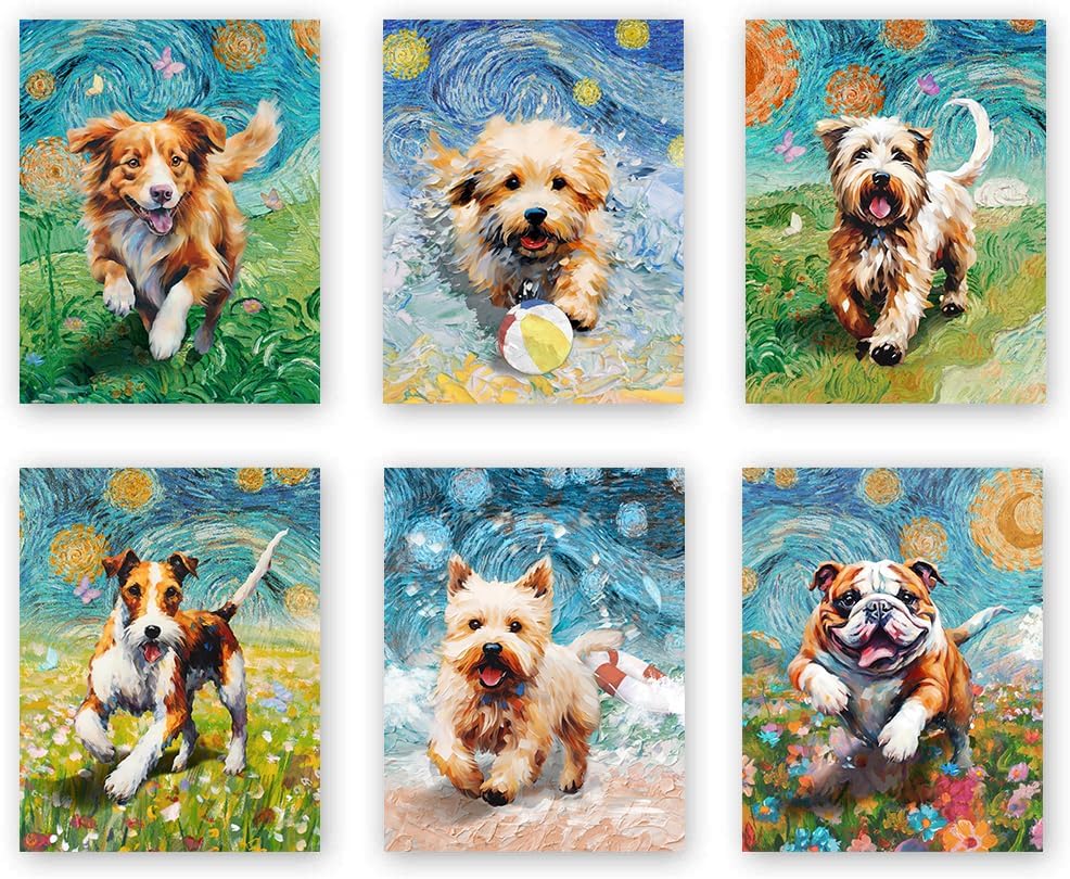 ZOQIPQO Lovely Dog Canvas Wall Art,,Dog Wall Art prints,Colorful Impressionism Dog Wall Art,Funny Dog Decor for Kids Nursery Bedroom Living Room Office Home,Set of 6 (8”X10” ,No Frame