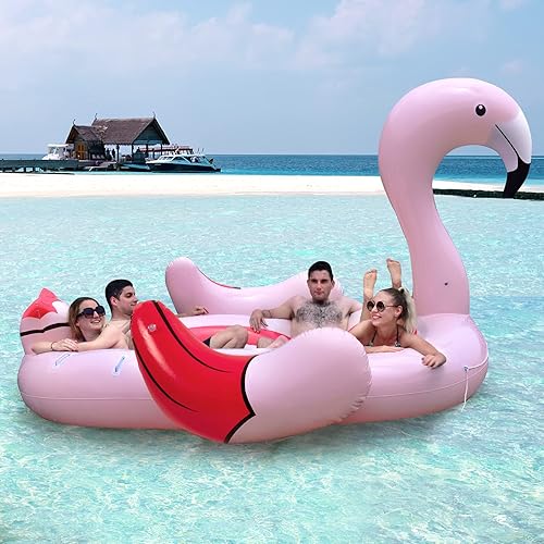 Miniatura 10 de Goplus Isla flotante de cisne inflable gigante, flotador de piscina para 4 personas con 4 soportes para tazas, muelle flotante recreativo para lago,