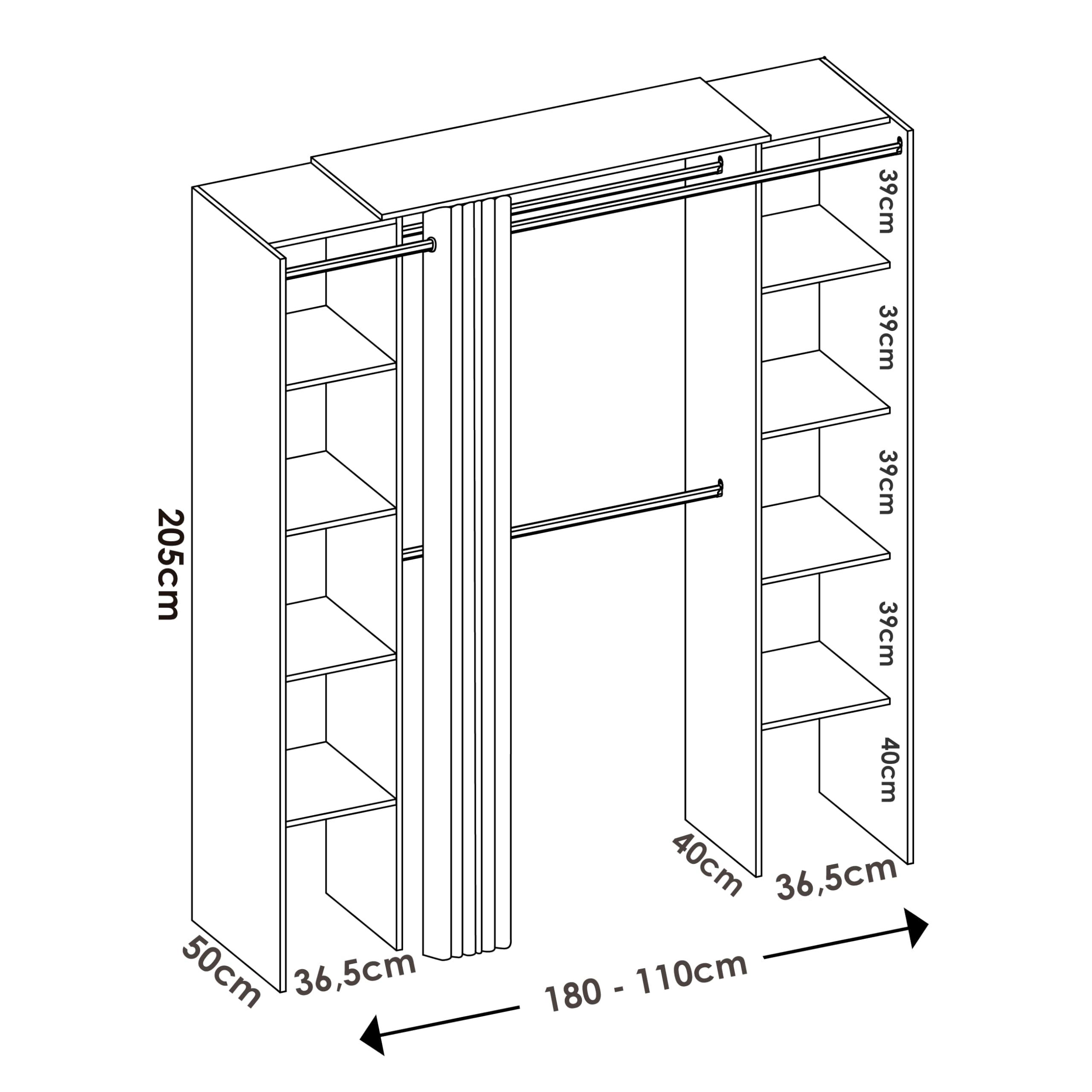 DEKIT GRUPO RIMOBEL SUIT - Cabina armadio aperta con ripiani regolabili e tenda - Bianco - 205 x 50 x 177,5 cm