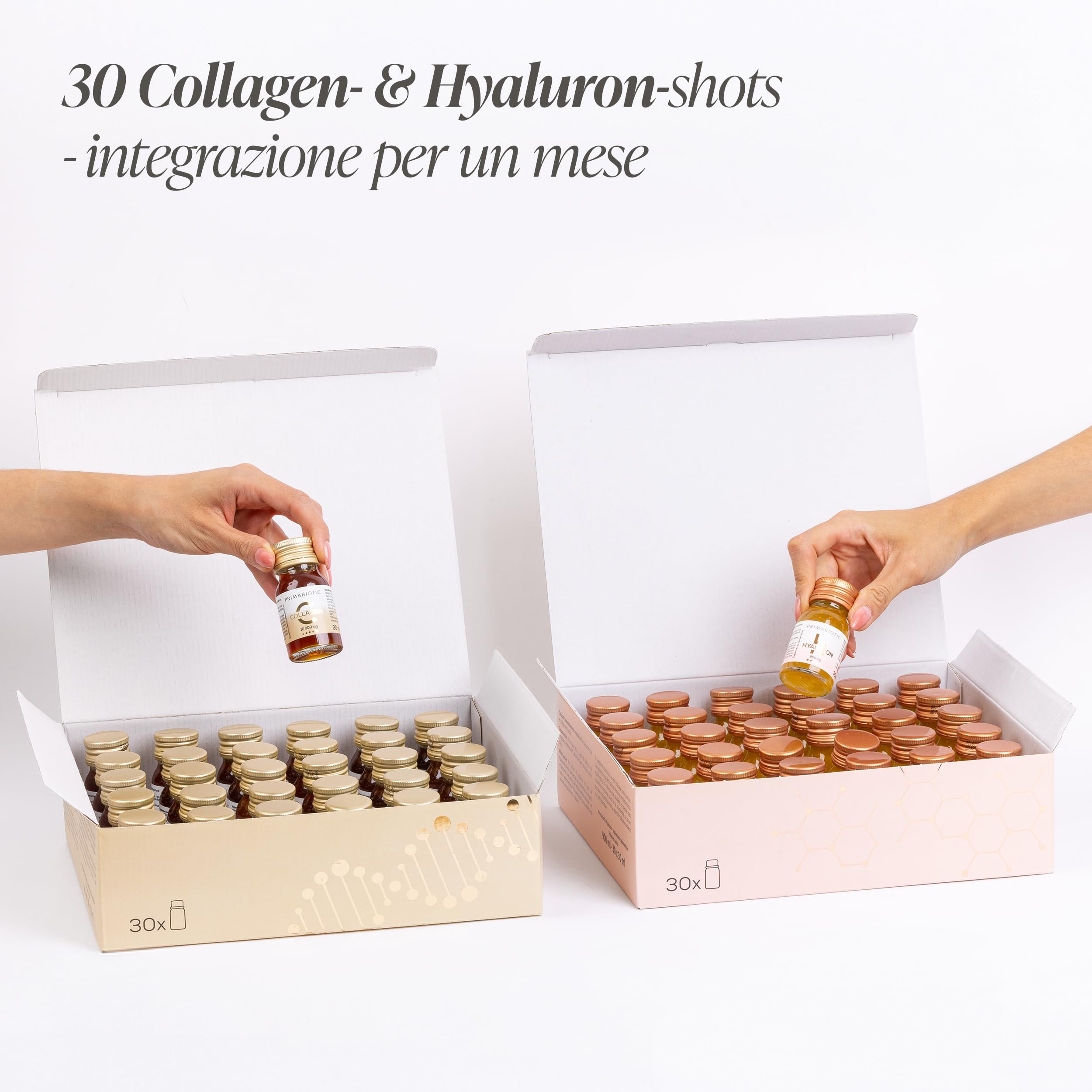 Collagene + Acido Ialuronico da Bere – Primabiotic Duo Pack | 60 Flaconcini da 30 ml | Collagen 10000 mg + Hyaluron 250 mg | Integratori Liquidi per Pelle Idratata e Luminosa