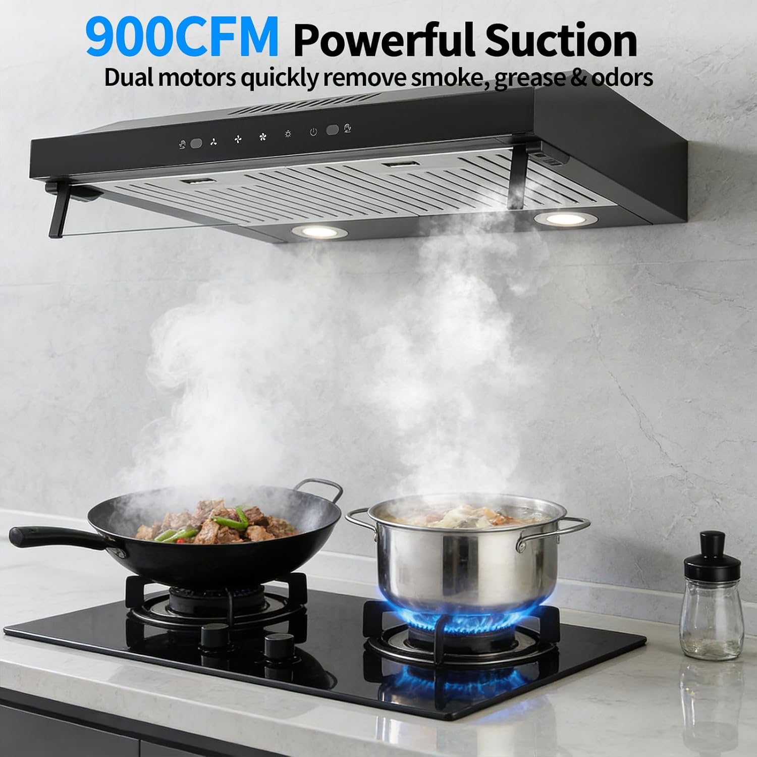 24In Under Cabinet Range Hood 900CFM Stainless Steel Range Hoods Black Ducted/Ductless Range Hoods Kitchen Stove Vent Hood for Kitchen 3-speed Fan,Touch Control/Gesture Sensing (24in-900CFM)