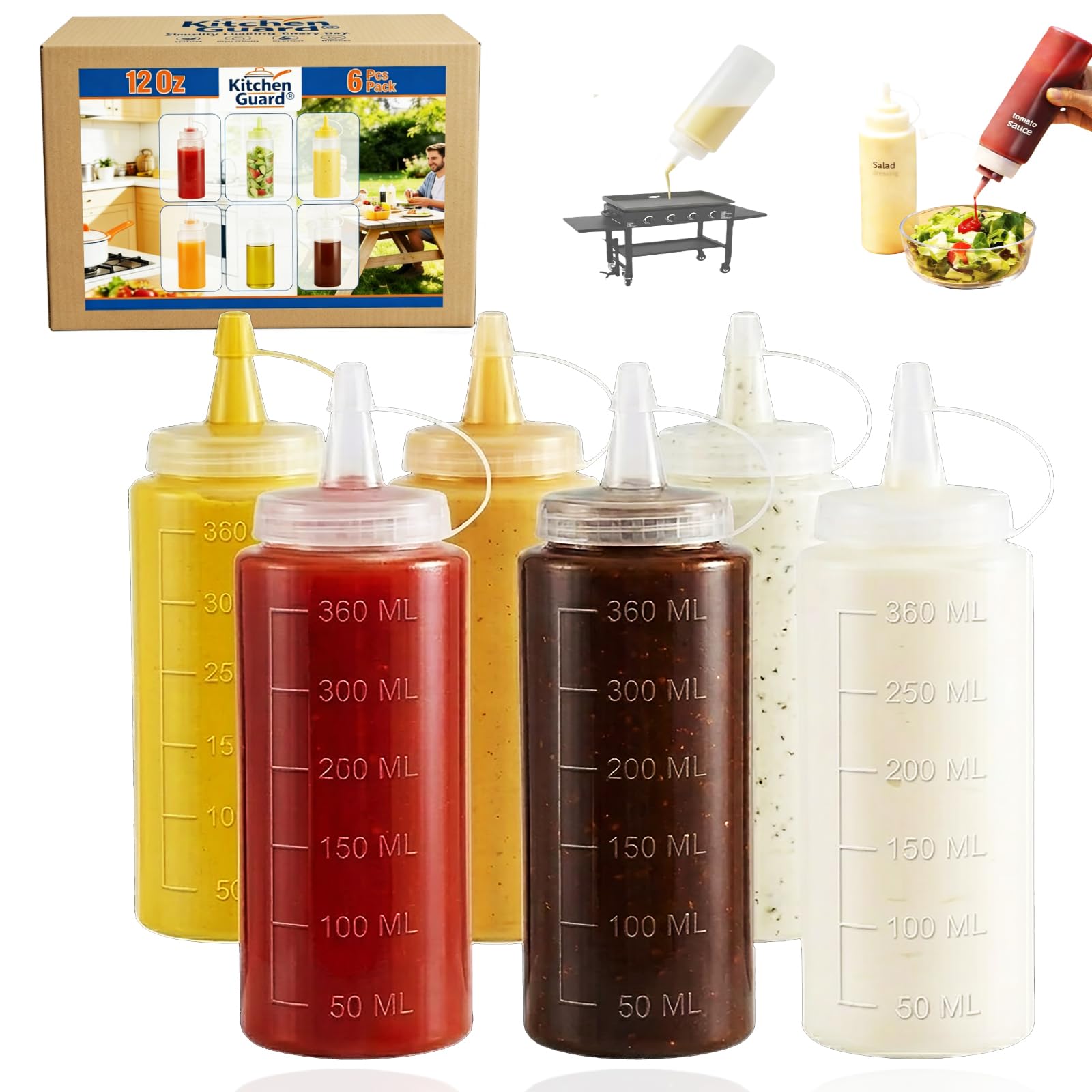 Photo 1 of Kitchen Gurad® 12 Oz Large Wide Month Squeeze Bottles for BBQ Grill Restaurant - Condiment Sauces Chocolate Ketchup Mustard - Plastic Squeeze Bottle for Sauces - 6 Pcs