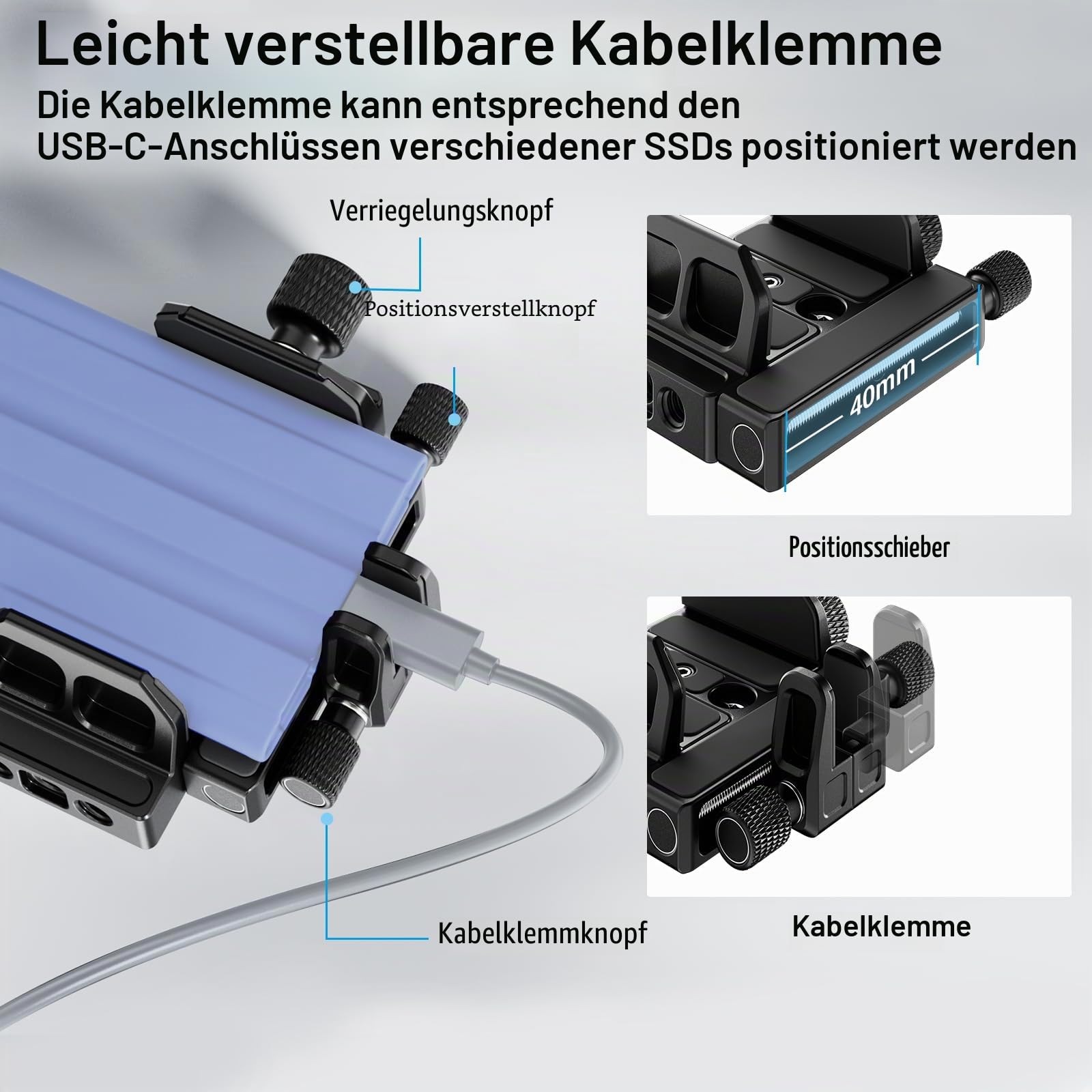 SIRUI Montagehalterung SSD Mount Bracket, Universeller SSD-Halter mit Kaltverschluss und USB-C-Kabelklemme, kompatibel mit Samsung T7/T5, für SSD, für Z Cam E2, AM-ST9
