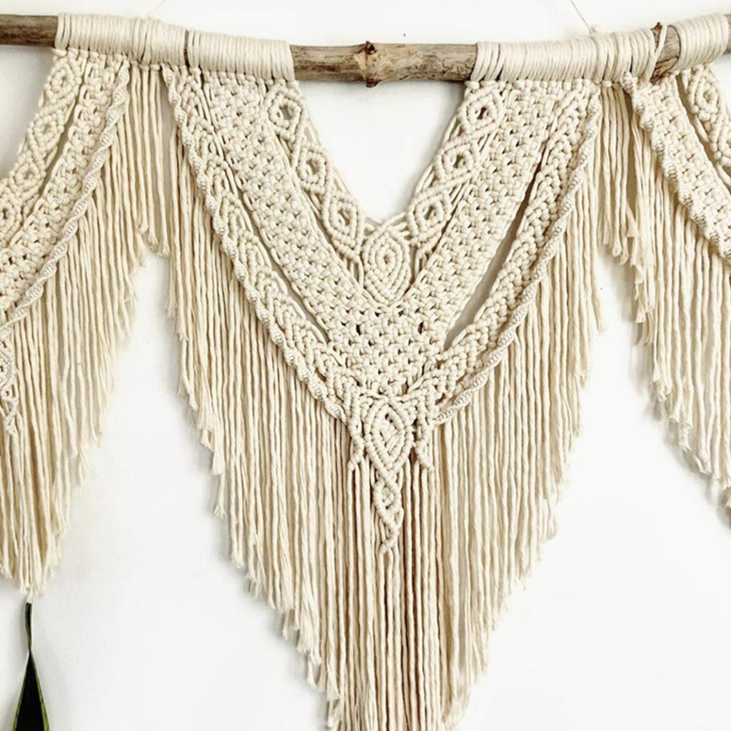 Tapiz grande hecho a mano de macramé para colgar en la pared, decoración elegante con ramas de madera natural y flecos, 120 x 120 cm