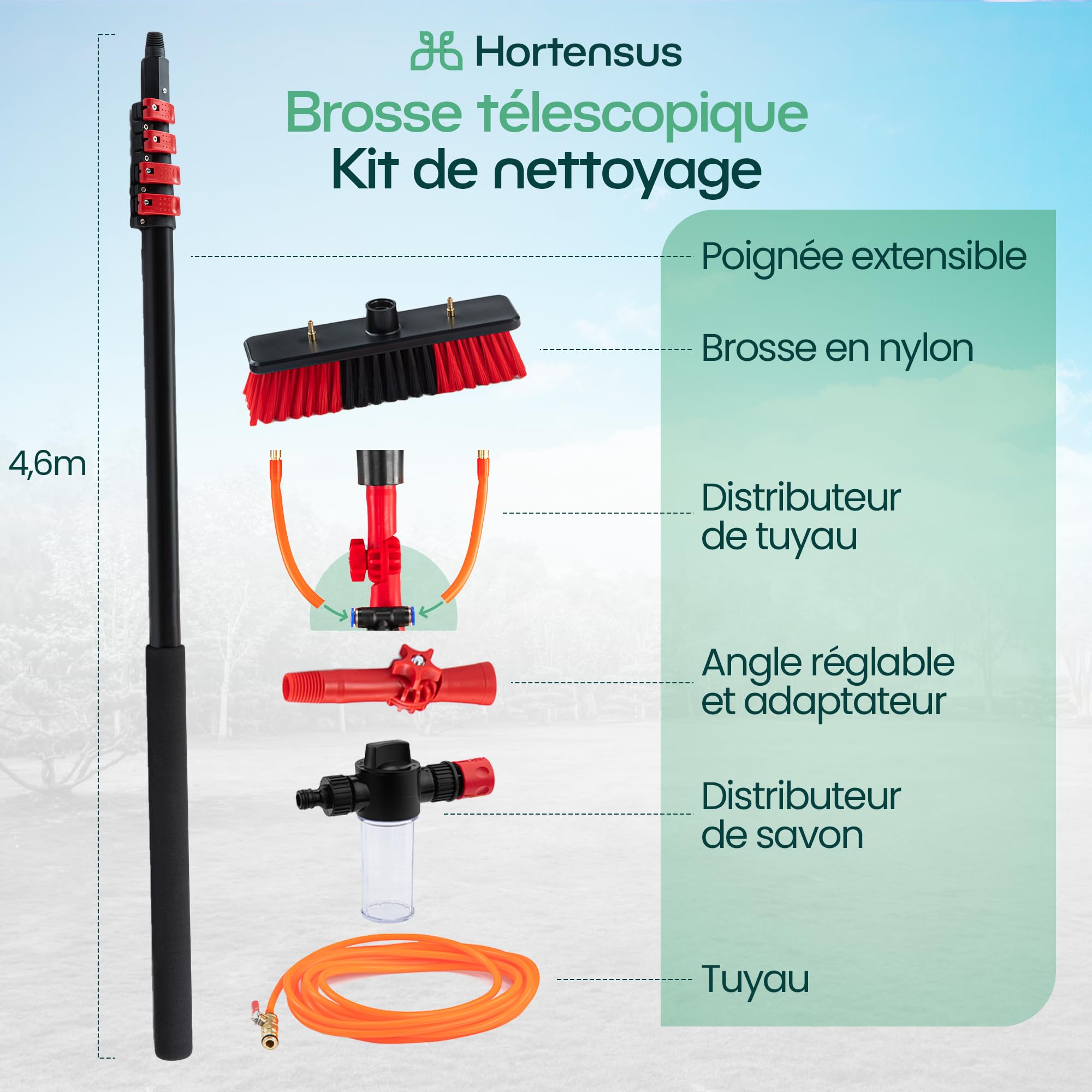 Balai Brosse Telescopique – Brosse Telescopique de Nettoyage avec Raccord d’Eau pour Voitures, Camping-Cars, Garage, Toiture, Façades et Nettoyage des Panneaux Solaires (4,6 m)