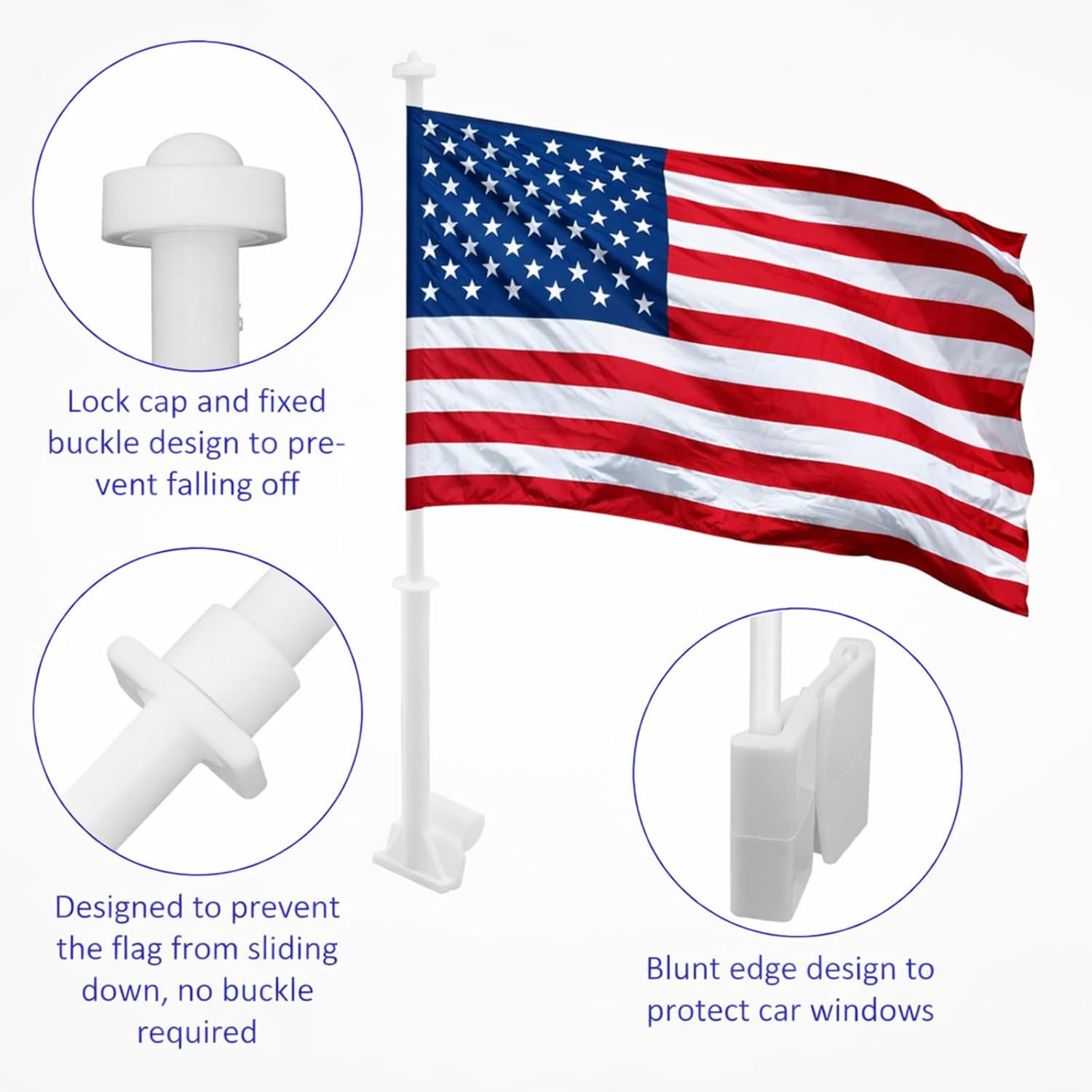 5 Pcs Car Window Flag Poles 20 Inches Plastic Car Flag Mount with Locking Cap and Retaining Clip Window Flagpoles Banner Holder for Memorial Day Patriotic Sports Events Parades Holiday Decor