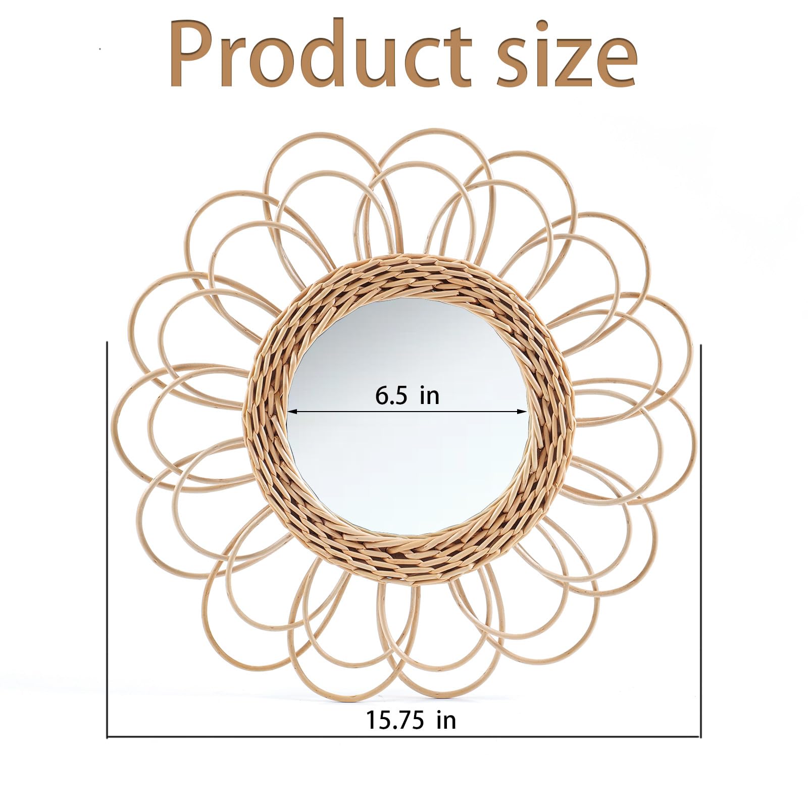 AoduCamy 15.75Inch Rattan Innovative Art Hanging Mirror Willow Woven Sunflower Round Dressing Mirror Suitable for Bedroom Home Glass Decoration